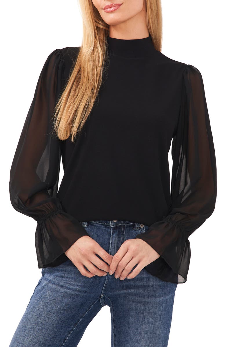 CeCe Sheer Sleeve Mock Neck Mixed Media Top, Main, color, 