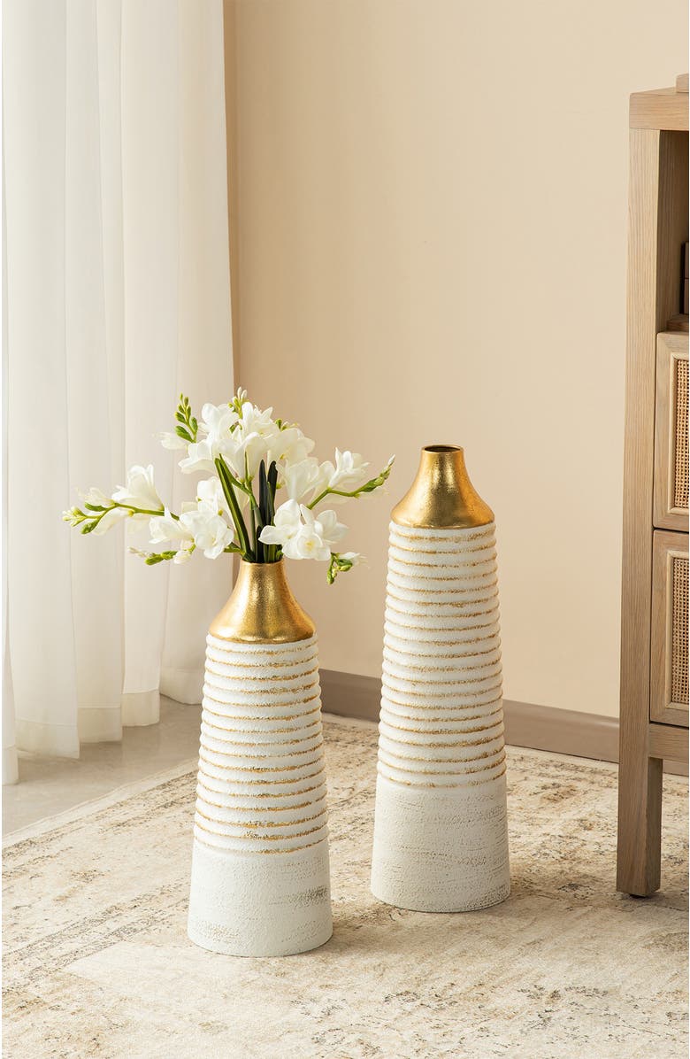 Glitzhome Set of 2 Modern White & Gold Stripes Metal Decorative Vases, Alternate, color, White