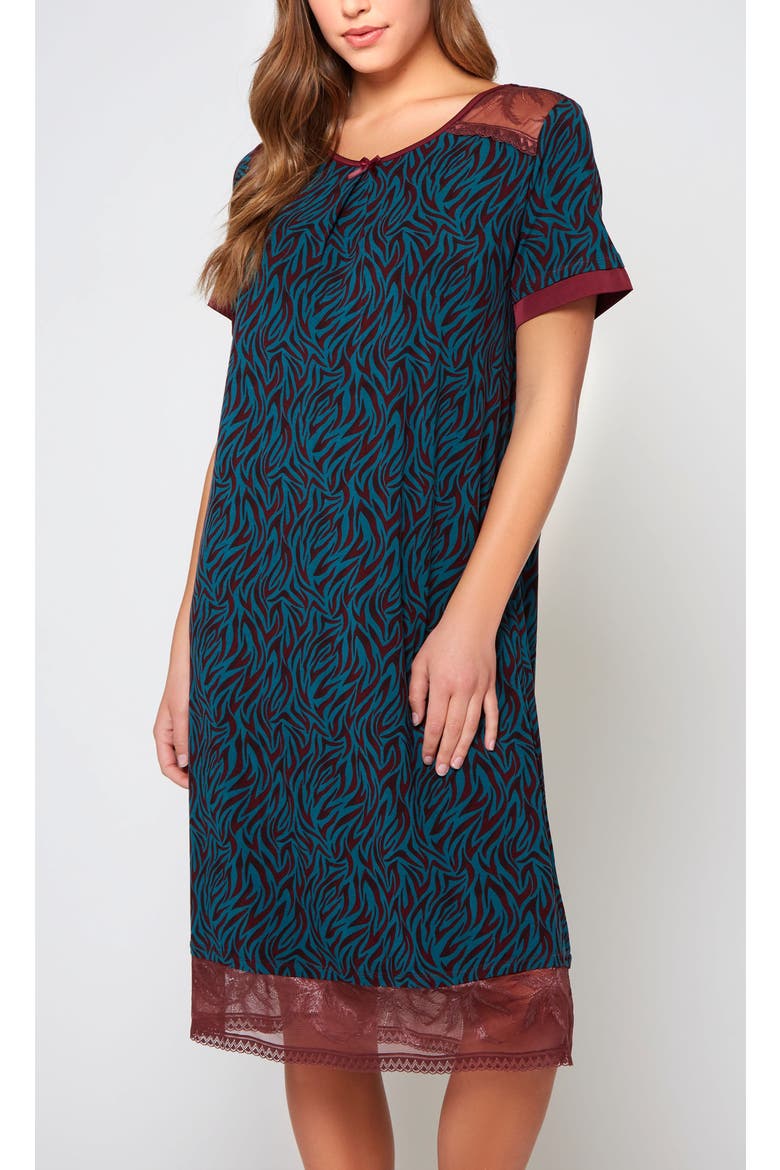Zebra Print Lace-Trim Sleep Shirt, Main, color, Teal-Burgundy