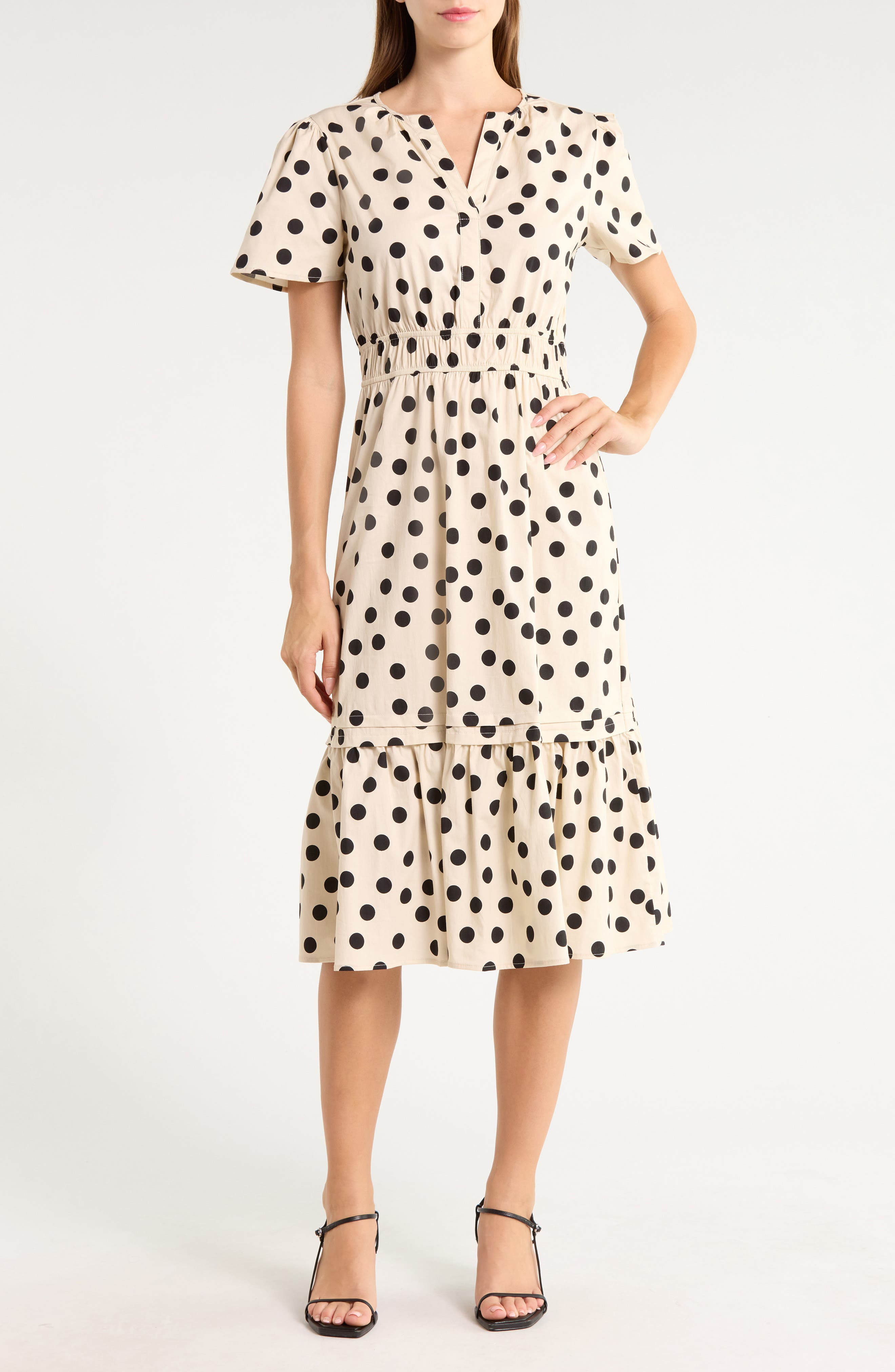 Polka Dot Short Sleeve Flounced Midi Dress
