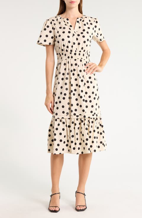 Polka Dot Short Sleeve Flounced Midi Dress