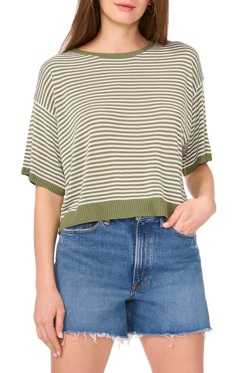 Two by Vince Camuto Stripe Elbow Sleeve Sweater, Main, color, Dark Green