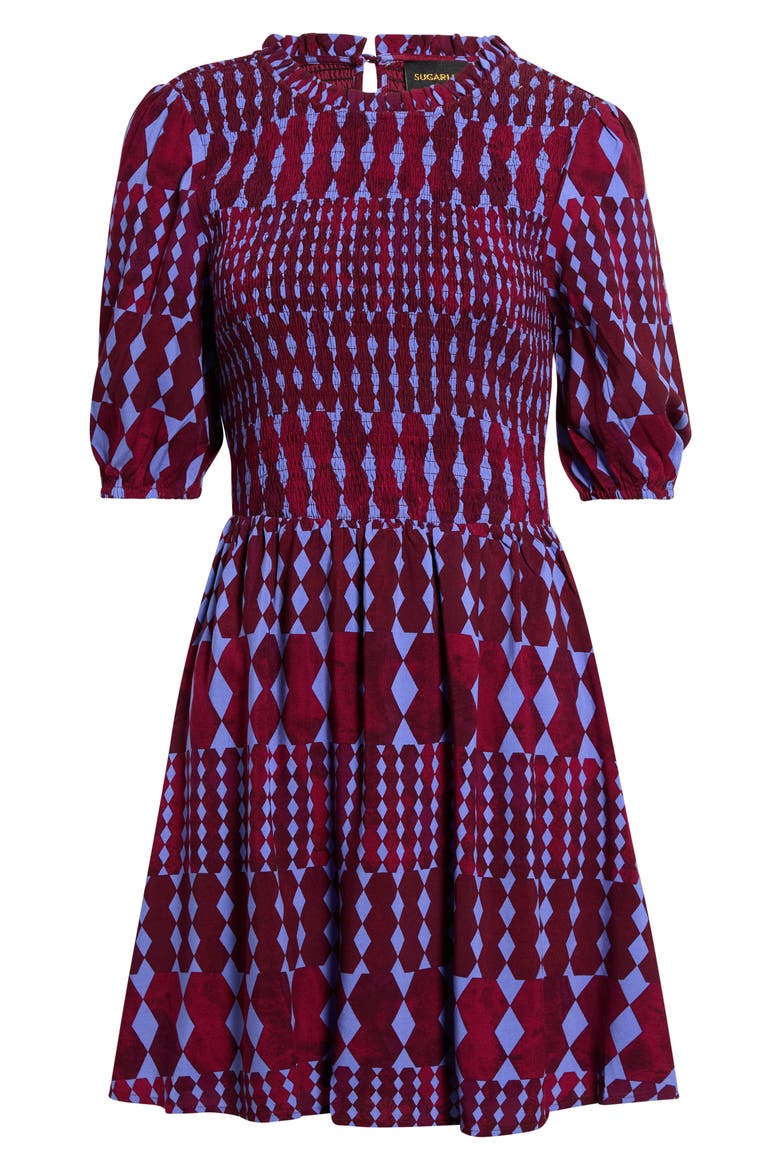 Ramsay Abstract Sulen Smocked Bodice Dress, Alternate, color, BURGUNDY-BLUE