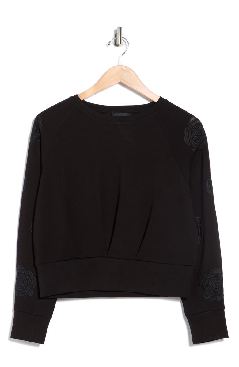 T Tahari Rose Embroidered Scuba Knit Crewneck Top, Alternate, color, Black