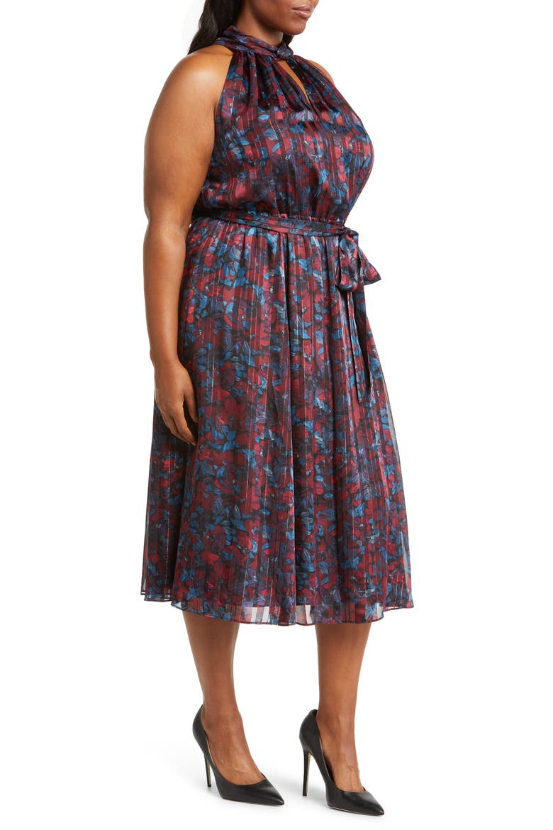 Floral Twist Neck Keyhole Midi Dress, Alternate, color, TITIAN RED / JUNIPER MULTI