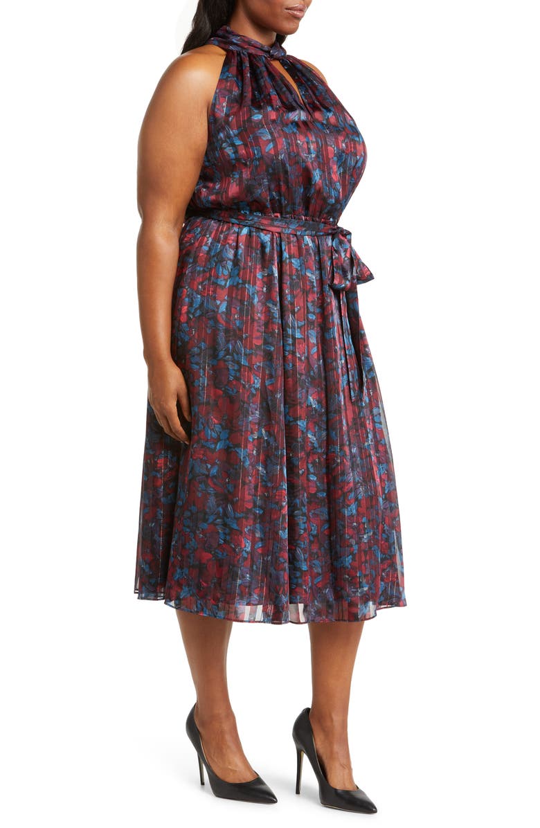 Anne Klein Floral Twist Neck Keyhole Midi Dress, Alternate, color, Titian Red / Juniper Multi