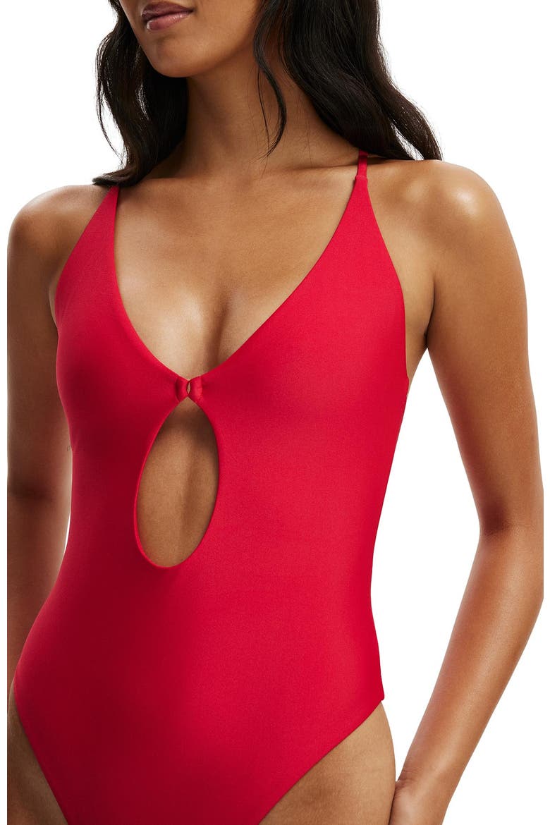 Women's Keyhole Strappy One Piece Brazilian, Alternate, color, Spicy Red Shimmer