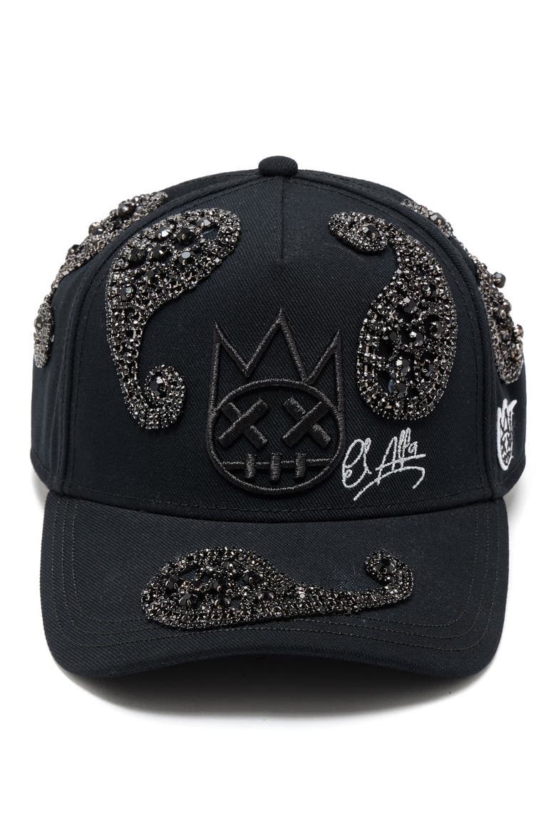 Paisley Embellished 5-Panel Trucker Hat, Main, color, BLACK