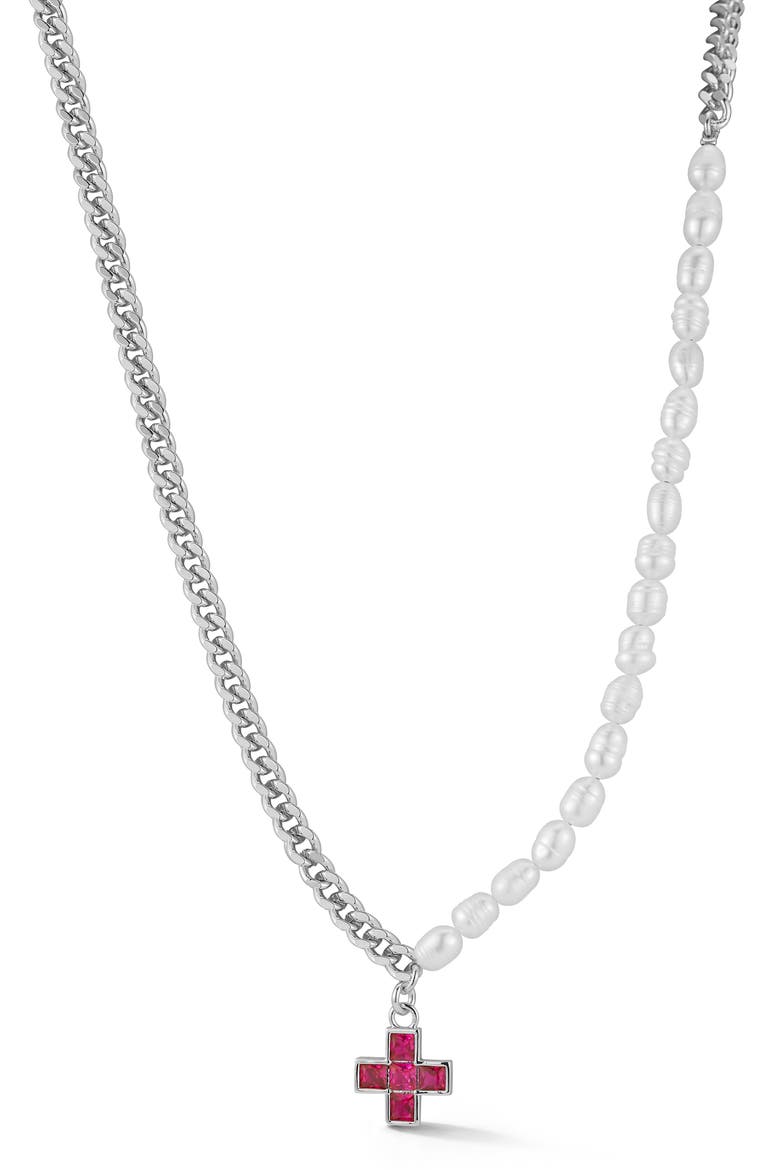 5.5mm Cultured Freshwater Pearl & Curb Chain CZ Cross Pendant Necklace, Main, color, SILVER