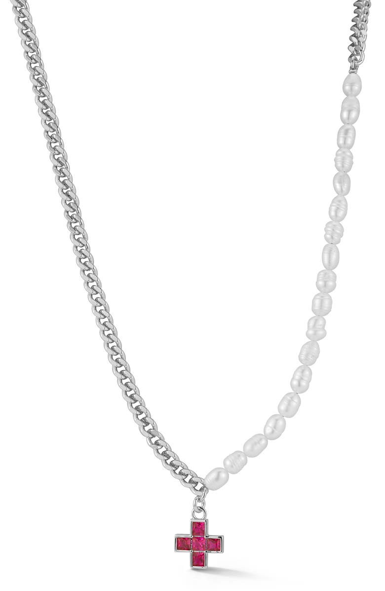 SPHERA MILANO 5.5mm Cultured Freshwater Pearl & Curb Chain CZ Cross Pendant Necklace, Main, color, Silver