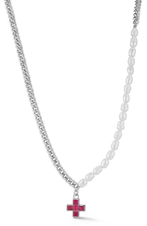 5.5mm Cultured Freshwater Pearl & Curb Chain CZ Cross Pendant Necklace