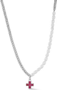 SPHERA MILANO 5.5mm Cultured Freshwater Pearl & Curb Chain CZ Cross Pendant Necklace