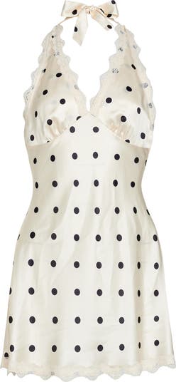 Stars Align Polka Dot Lace Trim Halter Minidress