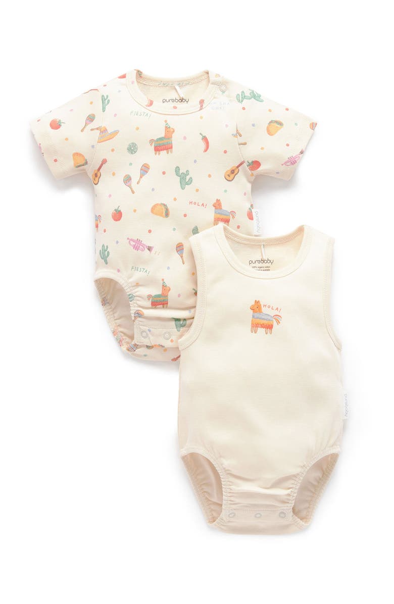 Purebaby 2 Pack Short Sleeve Ribbed Bodysuit Pinata, Main, color, Pinata Print