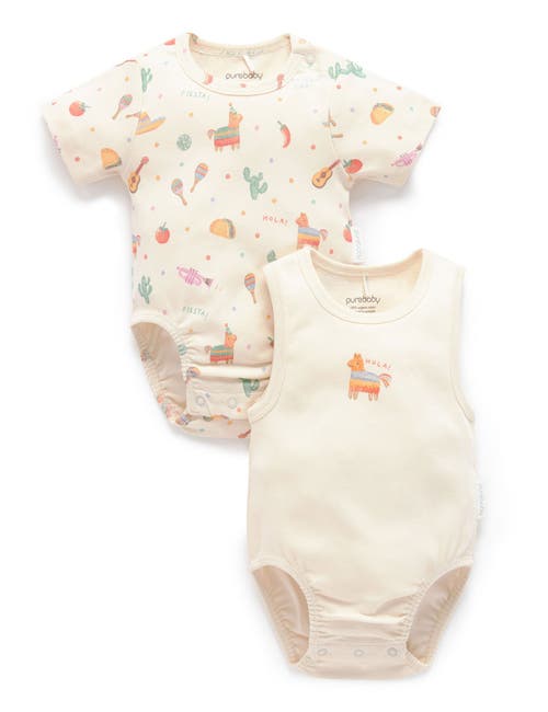 Purebaby Kids'  2 Pack Short Sleeve Ribbed Bodysuit Pinata In Multi