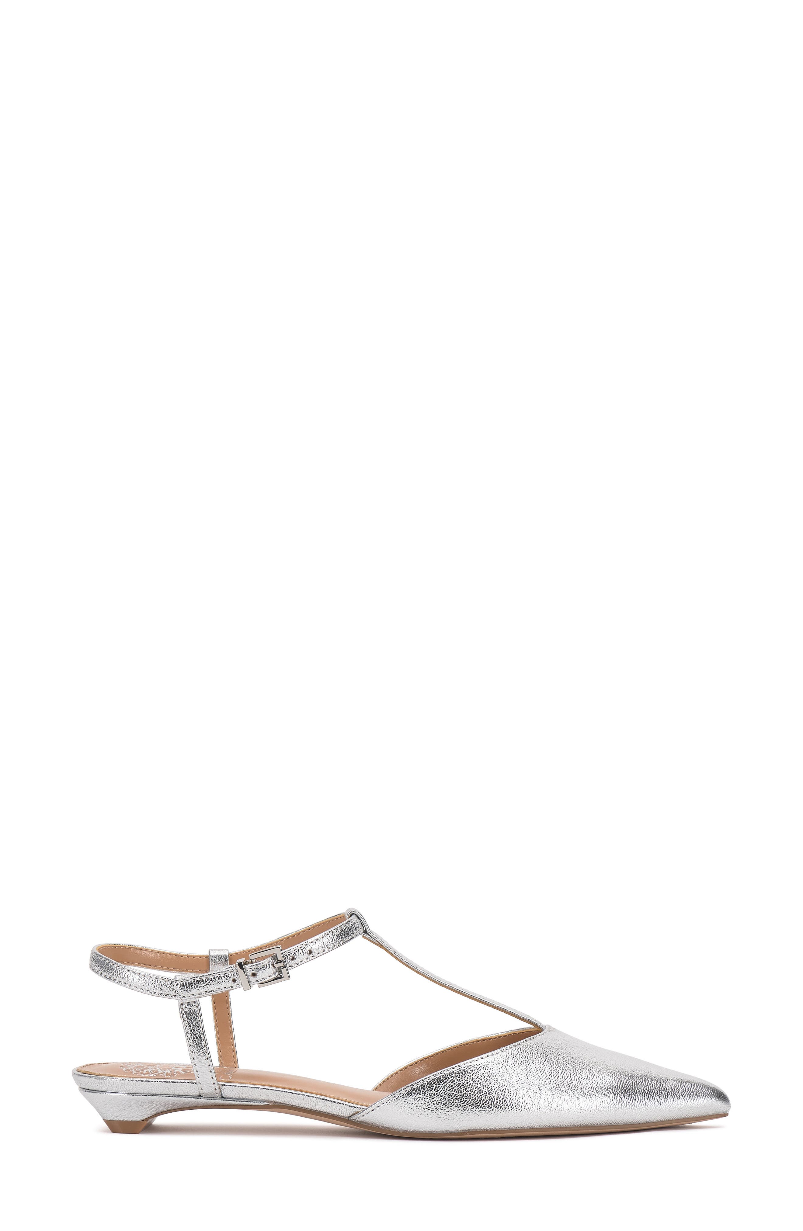Varena Ankle Strap Pointed Toe Flat, Alternate, color, LUX SILVER