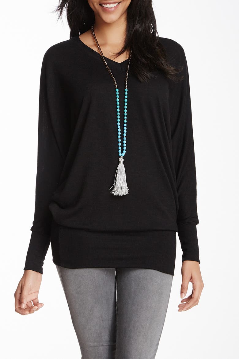 V-Neck Dolman Sleeve Pullover Sweater, Main, color, BLACK