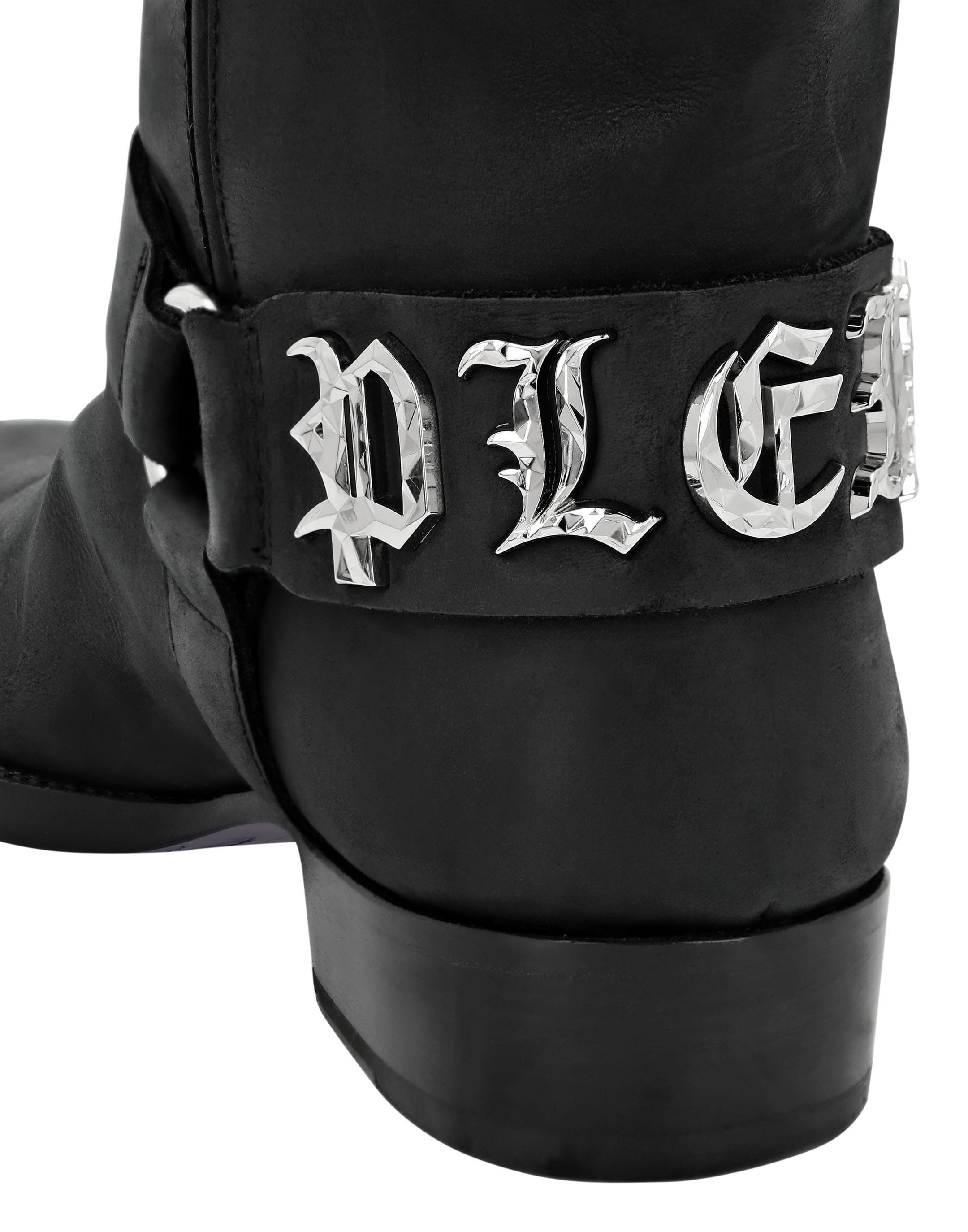 PHILIPP PLEIN Leather Boots Flat High Gothic Plein Men, Alternate, color, Black