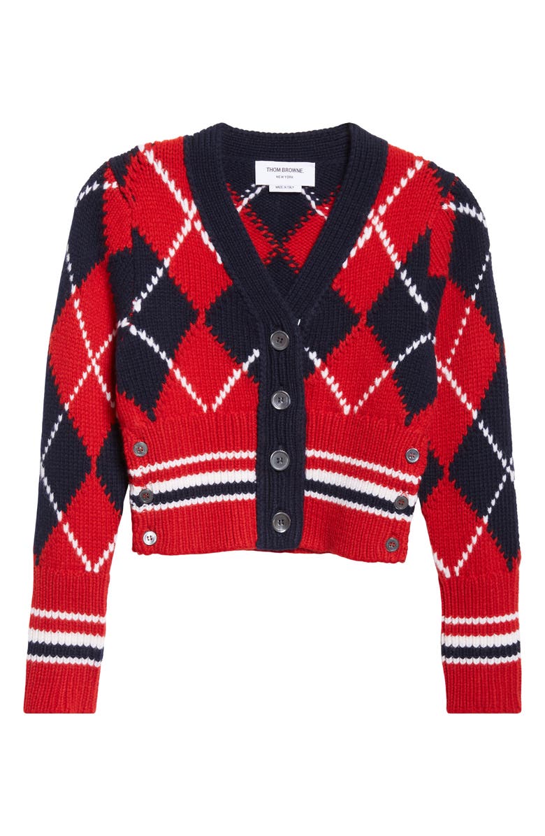 Thom Browne Argyle Intarsia Shrunken Virgin Wool Blend Cardigan, Alternate, color, Red/ White/ Blue