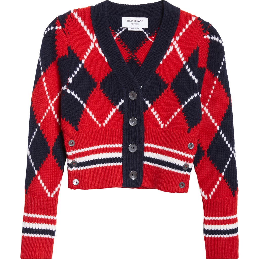 Thom Browne Argyle Intarsia Shrunken Virgin Wool Blend Cardigan In Multi