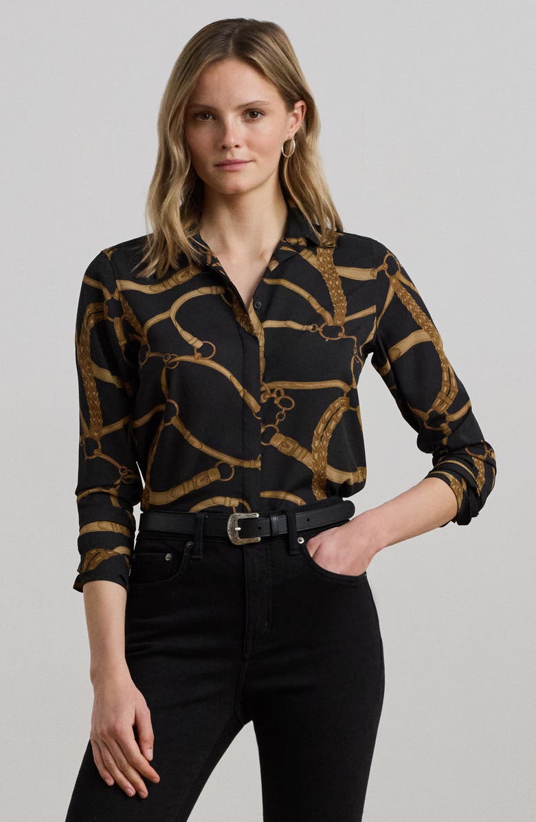 Lauren Ralph Lauren Belting Print Classic Fit Crepe Button-Up Shirt, Alternate, color, Black/ Tan
