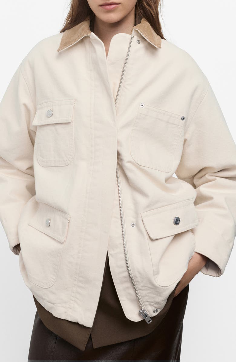 MANGO Corduroy Collar Denim Jacket, Main, color, Ecru