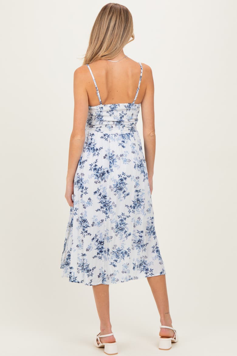 Blue Floral Twisted Front Midi Dress, Alternate, color, White