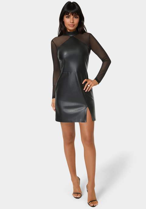 Faux Leather and Mesh Mock Neck Mini Dress