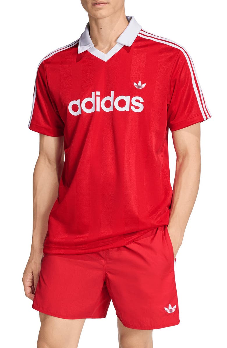 adidas Short Sleeve Stripe Soccer Jersey, Main, color, Better Scarlet