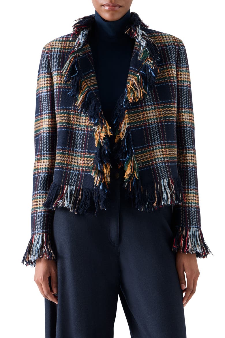 Plaid Tweed Jacket with Fringe, Main, color, NAVY