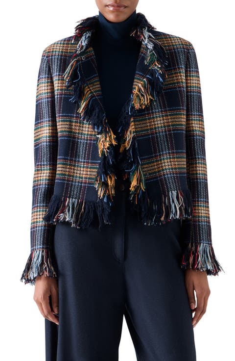 Plaid Tweed Jacket with Fringe