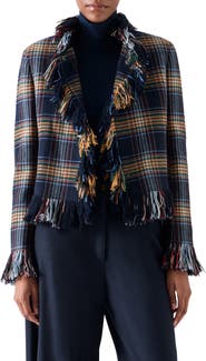 Akris punto Plaid Tweed Jacket with Fringe