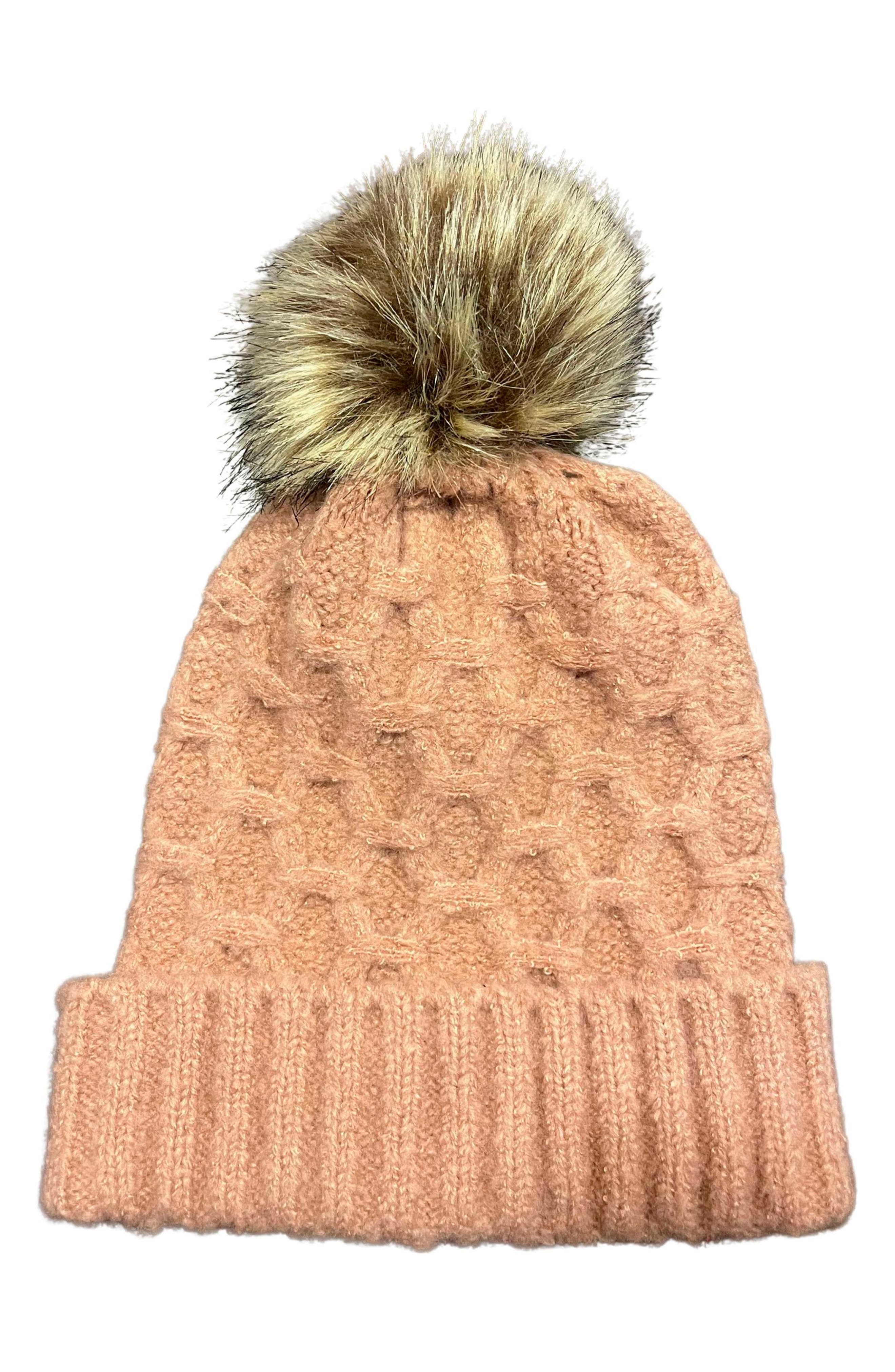 MARCUS ADLER Faux Fur Pom Honeycomb Knit Beanie