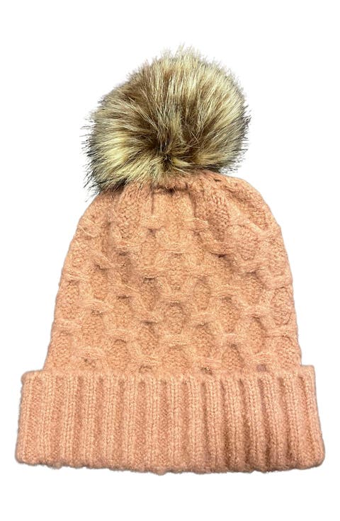 Faux Fur Pom Honeycomb Knit Beanie