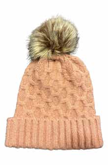 MARCUS ADLER Faux Fur Pom Honeycomb Knit Beanie