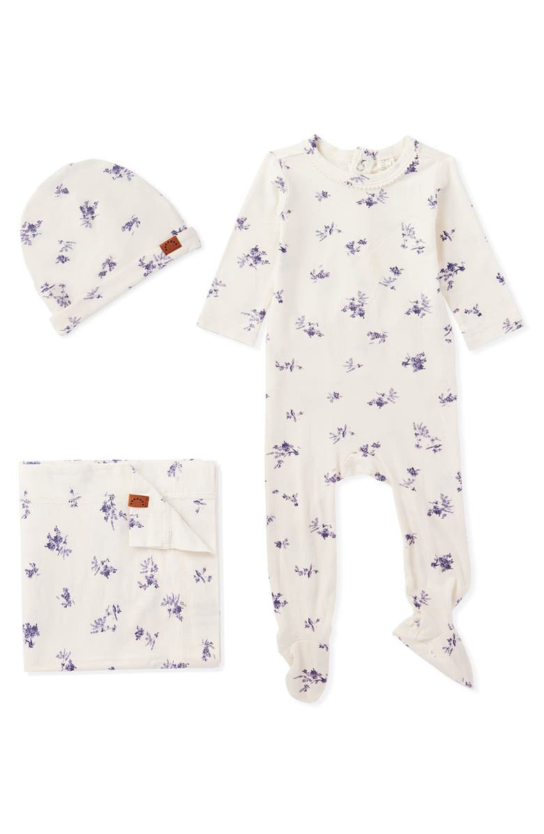 MiniMoi 3 Piece Baby Girls Floral Toile Rayon Blend Footie Set, Main, color, Winter White