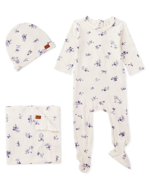3 Piece Baby Girls Floral Toile Rayon Blend Footie Set