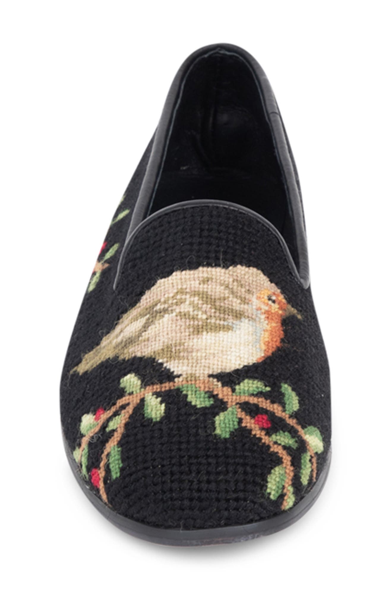 ByPaige Needlepoint Bird Flat, Alternate, color, Robin On Black