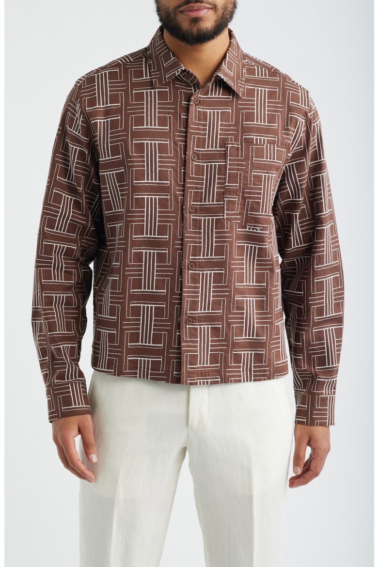 Shashiko Embroidered Button-Up Shirt, Main, color, BROWN