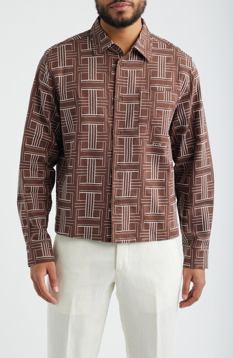 Percival Shashiko Embroidered Button-Up Shirt, Main, color, Brown