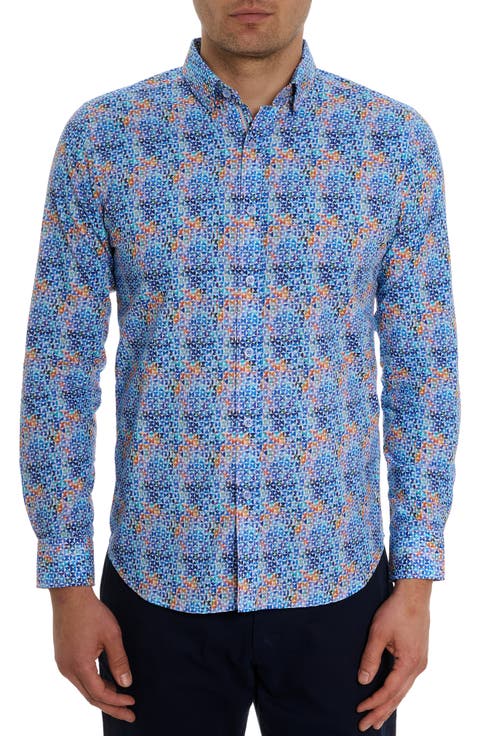 Venlow Geo Print Cotton Button-Up Shirt
