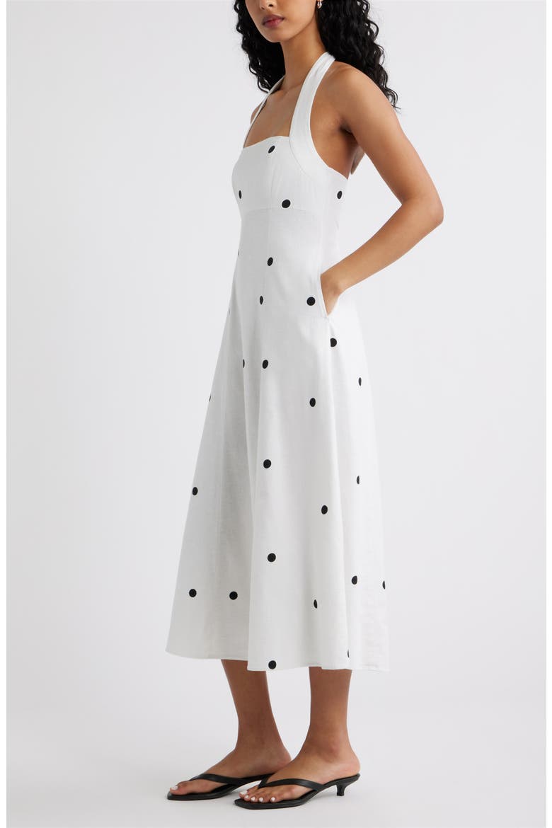 Linen Blend Halter Midi Dress, Alternate, color, WHITE- BLACK GRANDE DOT