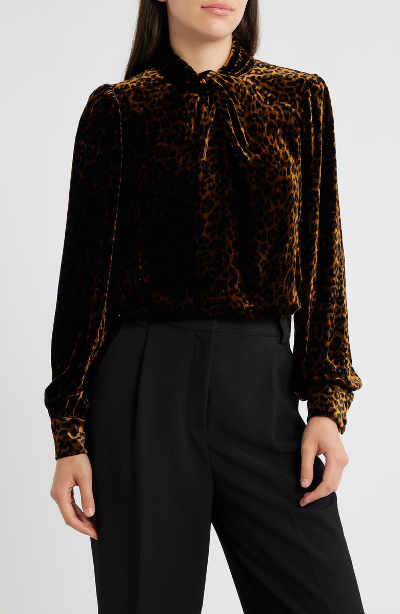 Elie Tahari The Levana Long Sleeve Velvet Shirt, Main, color, Black/ Velvet Leopard