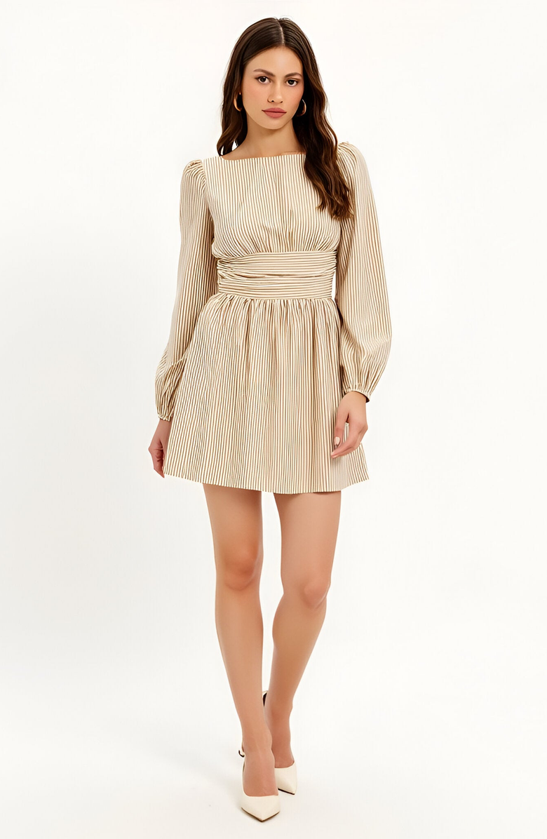 Modenaire Striped Mini Dress with Square Neckline, Puff Sleeves and Back Bow Detail, Main, color, 