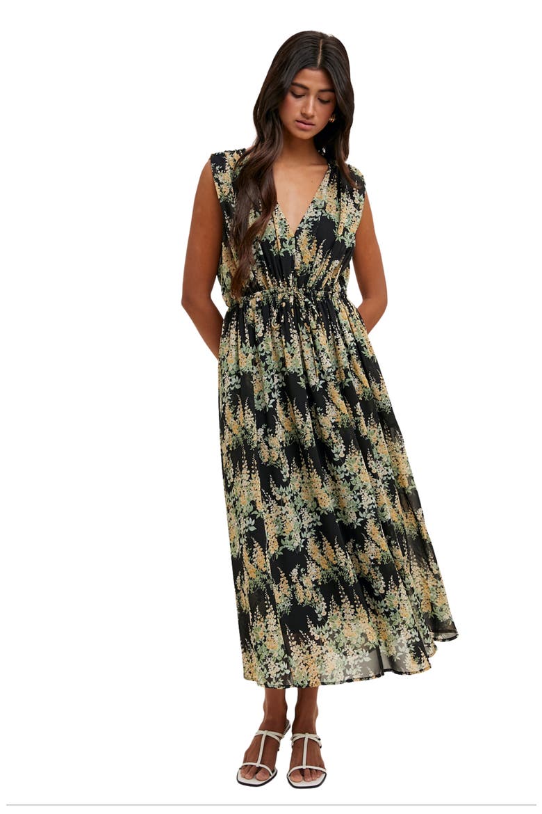 Floral Sleeveless Midi Dress, Alternate, color, BLACK/ YELLOW