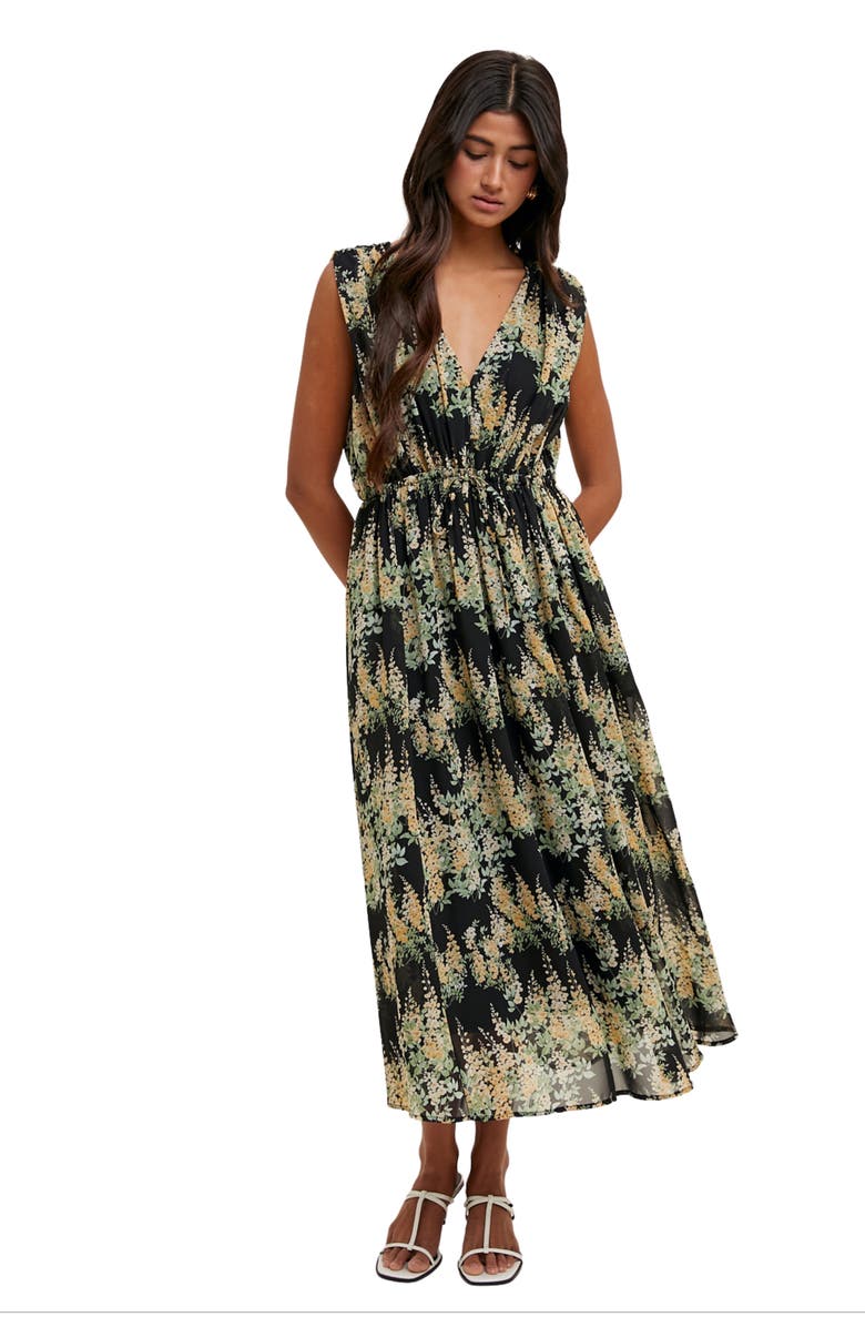 WISHLIST Floral Sleeveless Midi Dress, Alternate, color, Black/ Yellow