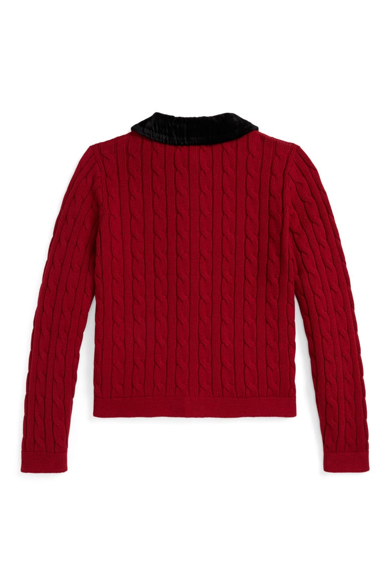 Kids' Velvet Trim Cotton Cable Knit Cardigan, Alternate, color, RED