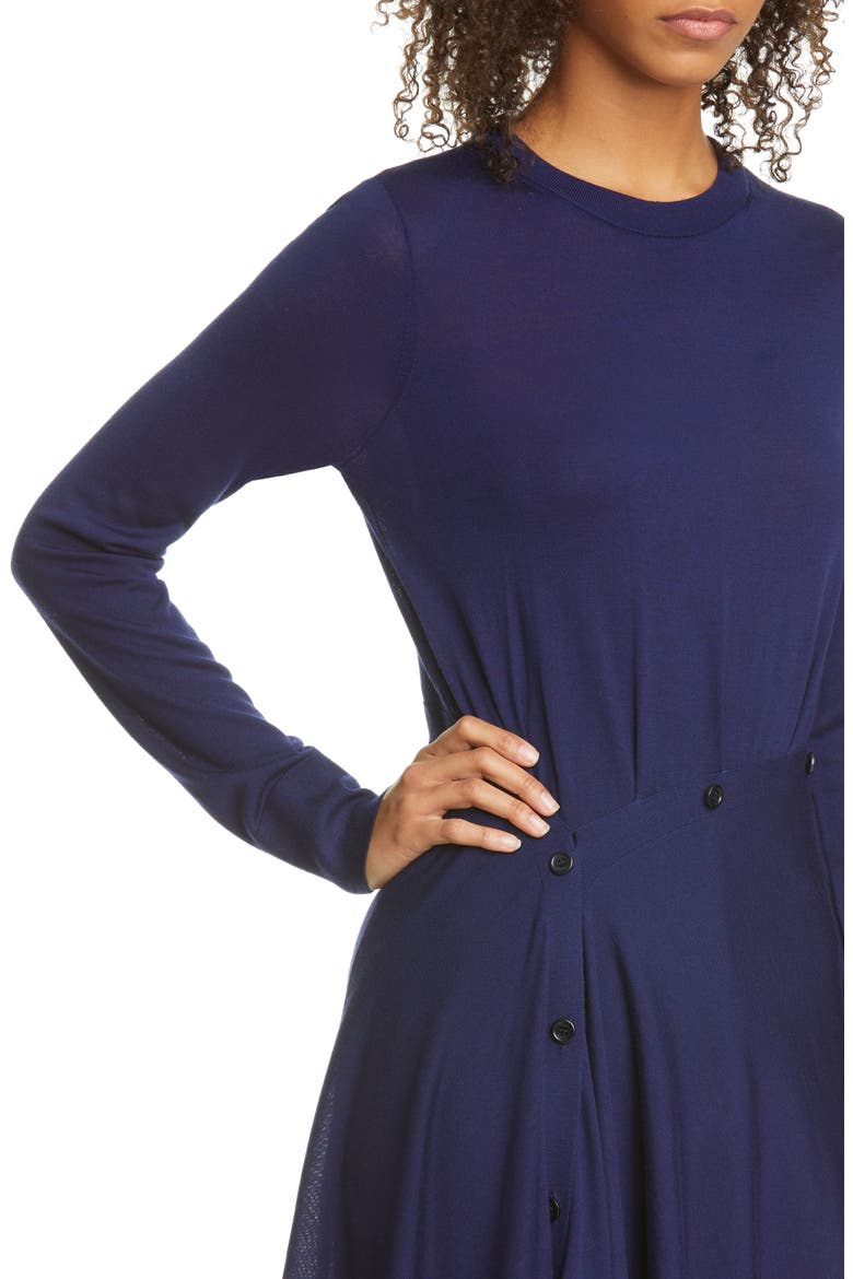 Button Front Long Sleeve Merino Wool Sweater Dress, Alternate, color, MARINE NAVY
