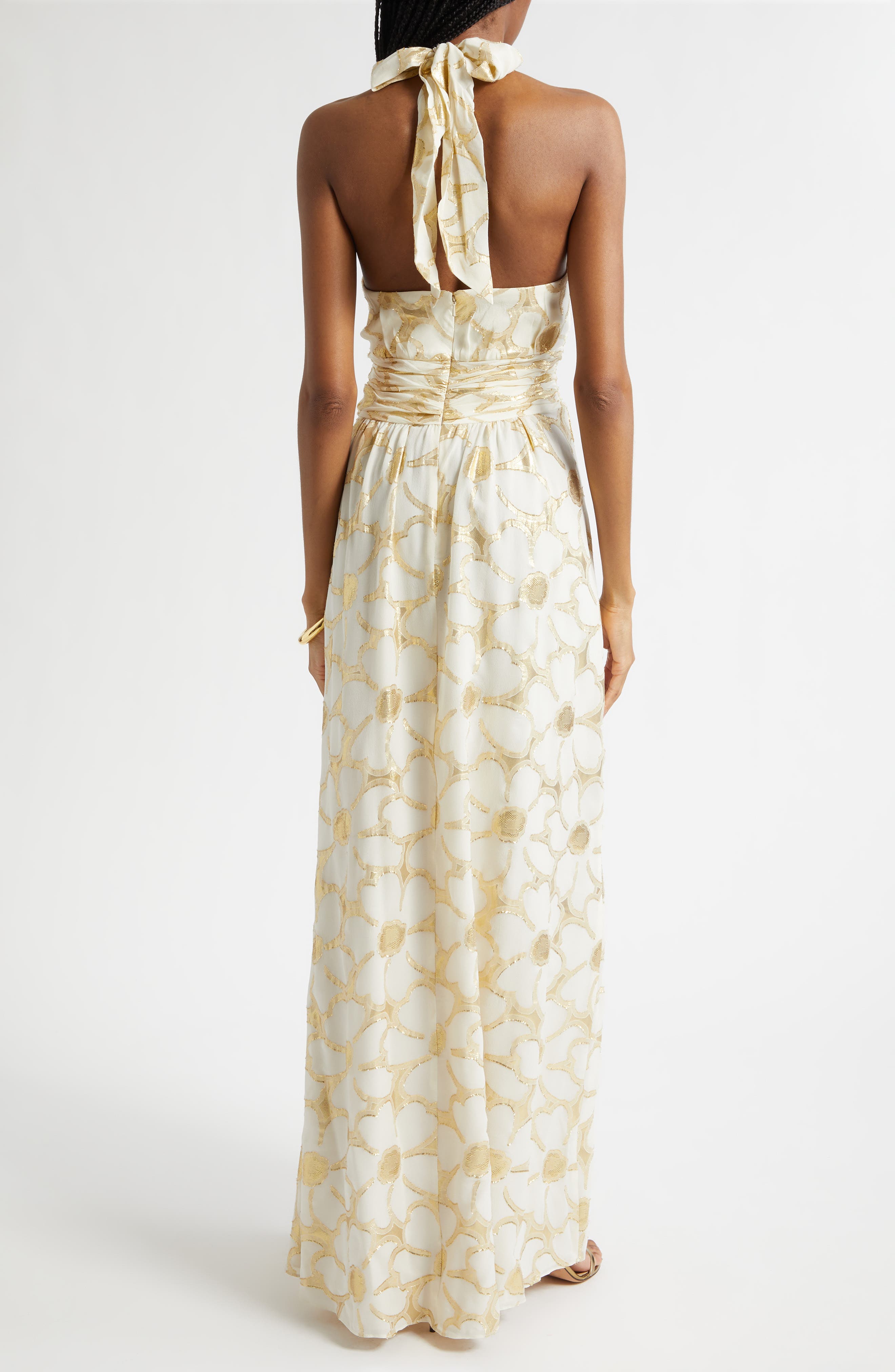 Stephanie Metallic Daisy Print Halter Gown - image 2
