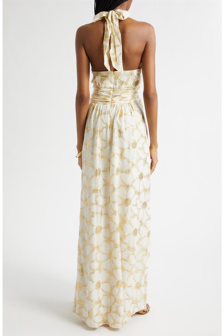 Stephanie Metallic Daisy Print Halter Gown, Alternate, color, IVORY JACQUARD